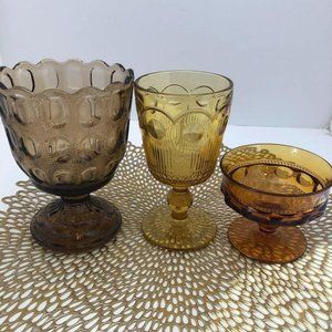 3 MCM Vintage Glass Goblets Cups Boho Amber